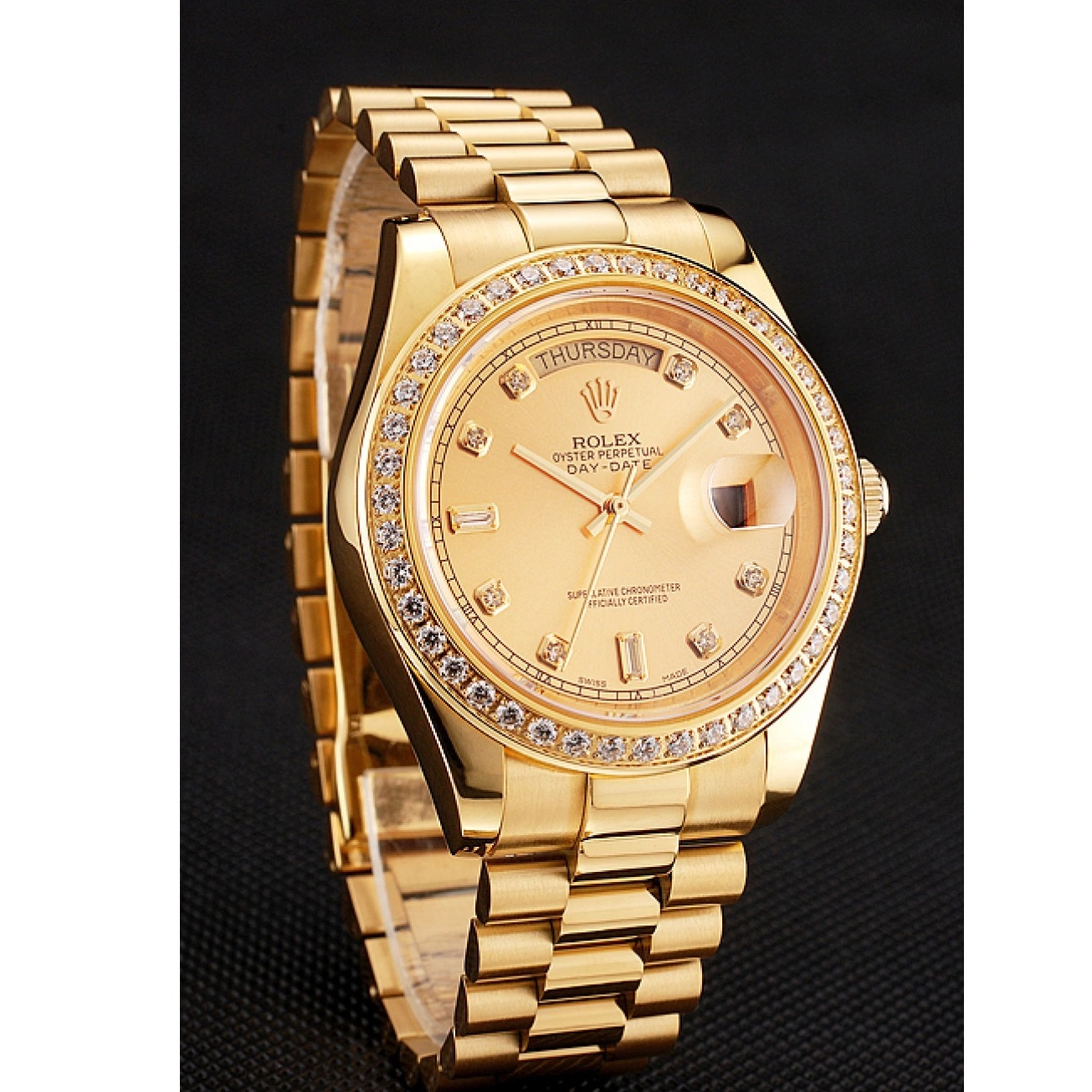 Aaa replica watch Champagne Rolex Gold Dial Day-Date Bezel Diamond Bracelet Swiss 1454099 0623